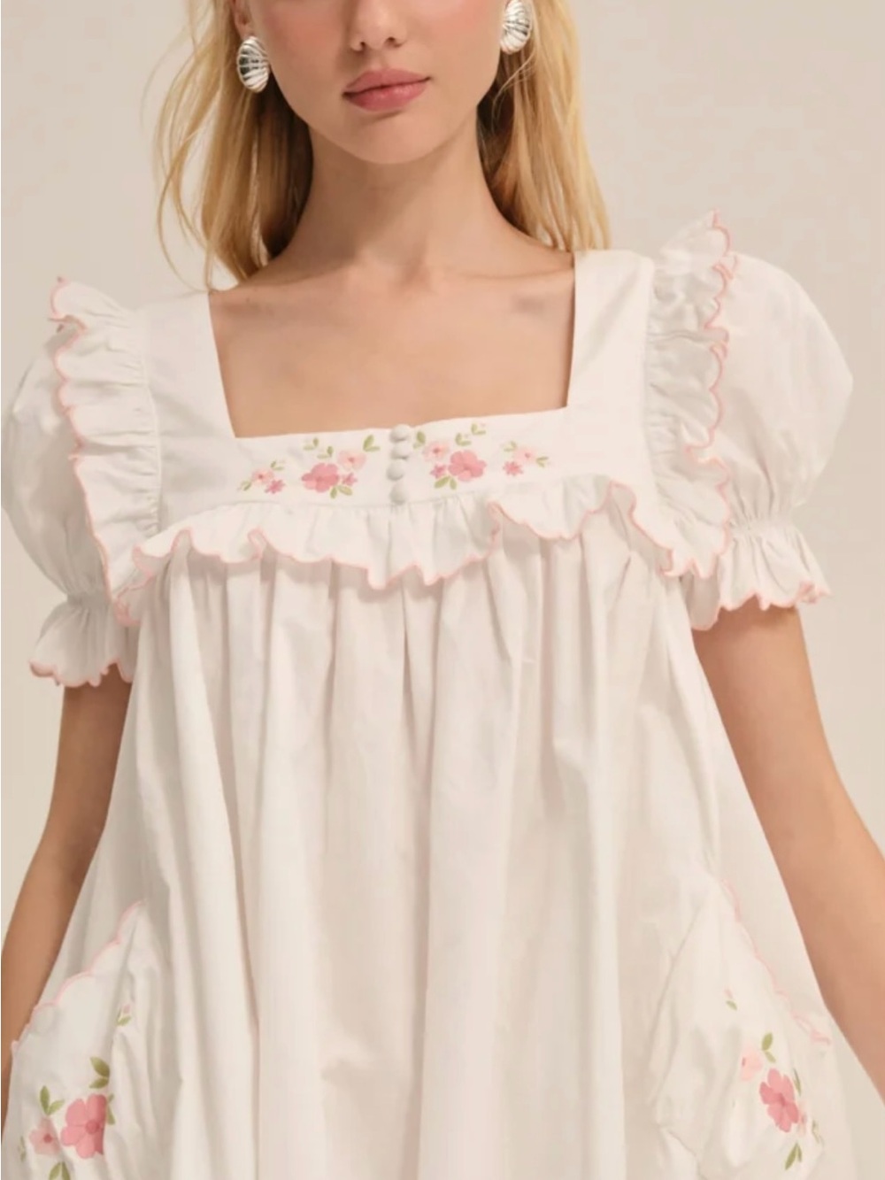 For Love and Lemons Tea Time Embroidered White Cotton Baby Doll Dress